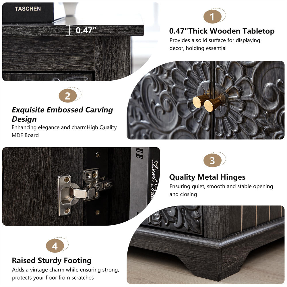 Black 24" Wide Wooden Square Farmhouse End Table with Carved Floral Door