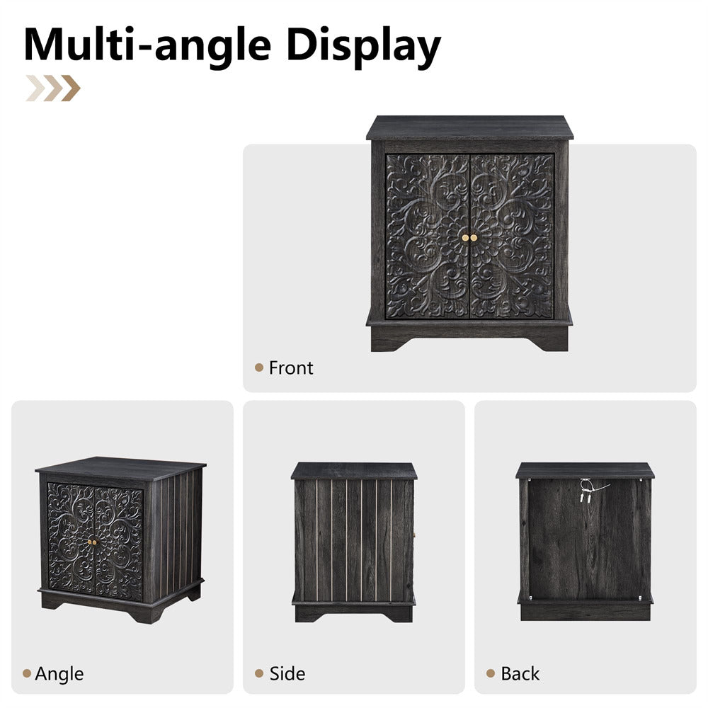 Black 24" Wide Wooden Square Farmhouse End Table with Carved Floral Door