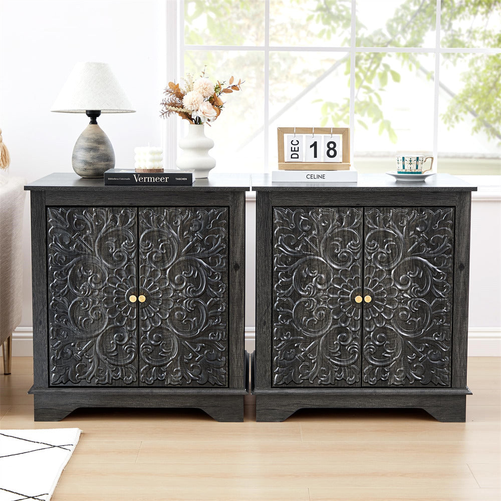 Black 24" Wide Wooden Square Farmhouse End Table with Carved Floral Door