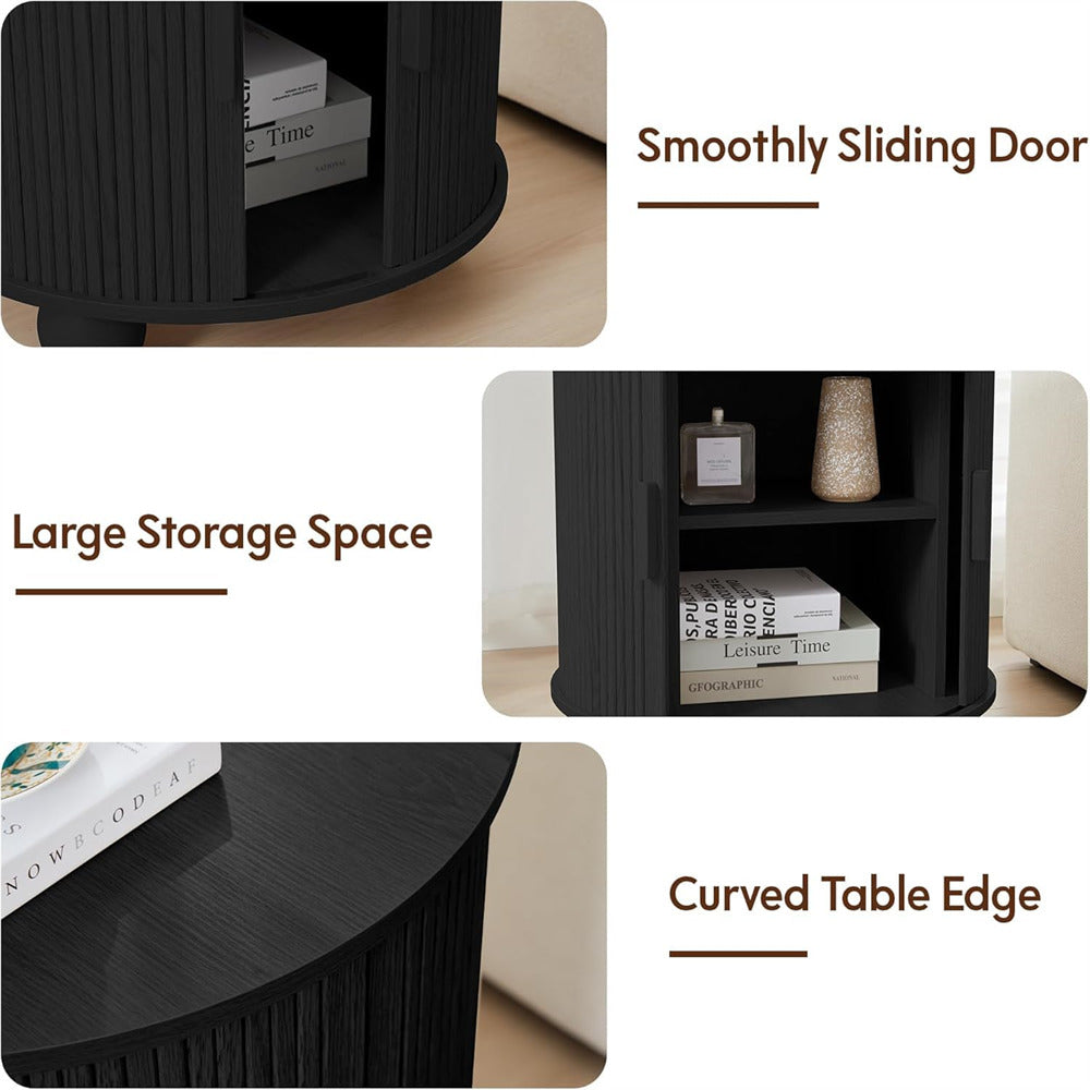 Black side table with features highlighted: smoothly sliding door, large storage space, and curved table edge.