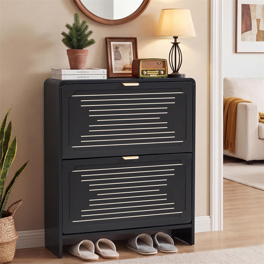 Black 27.55'' Freestanding Wood Hidden Shoe Cabinet with 2 Flip Drawers and Adjustable Shelf