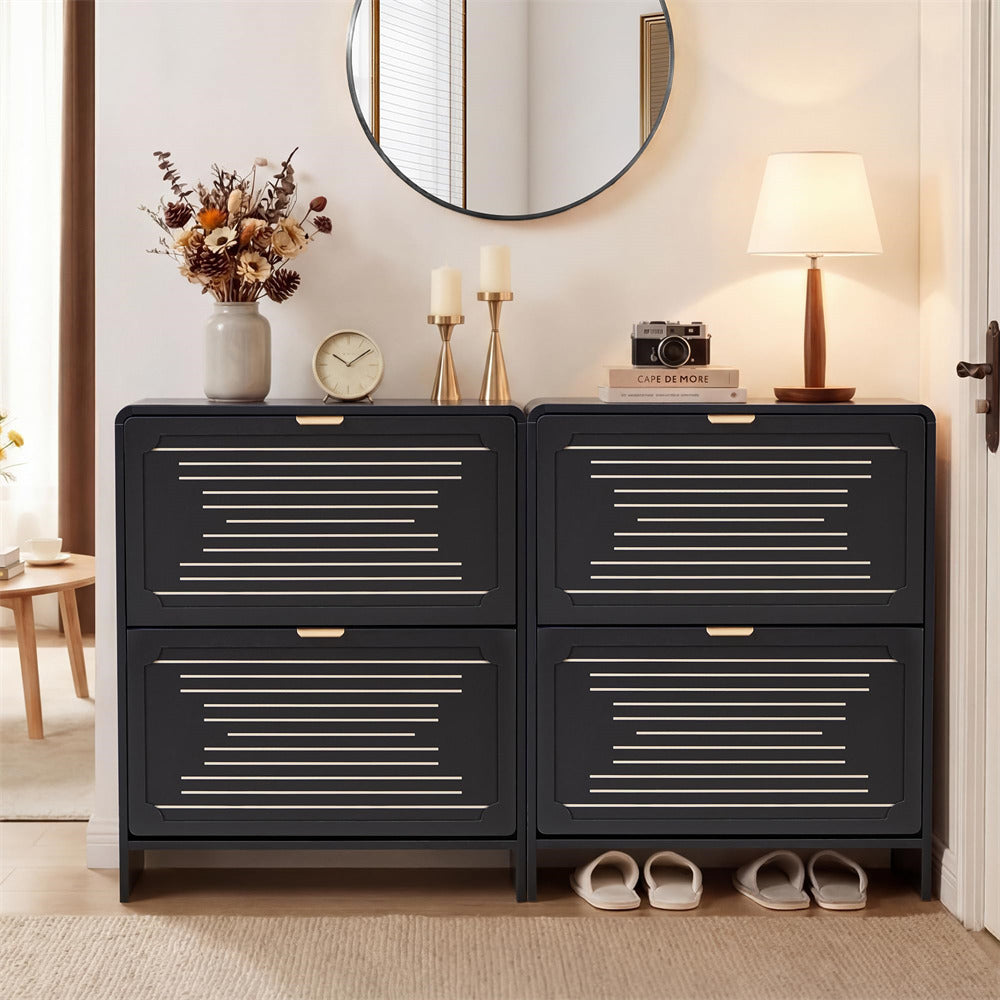 Black metal cabinet with decorative items in a room setting