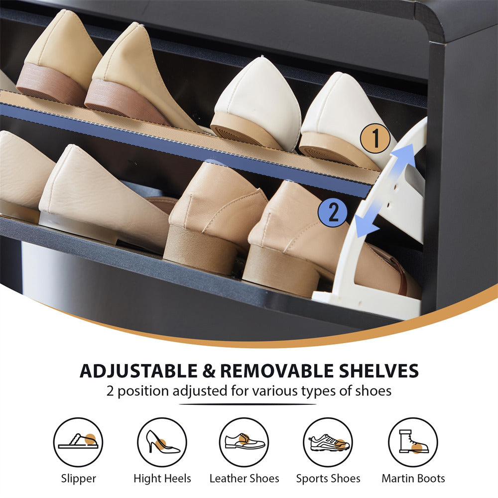 Shoe rack with adjustable shelves holding various shoes, labeled for different shoe types.