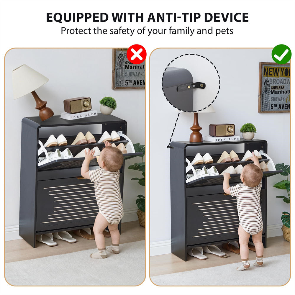 Shoe cabinet with anti-tip device feature, showing a child attempting to tip it over.