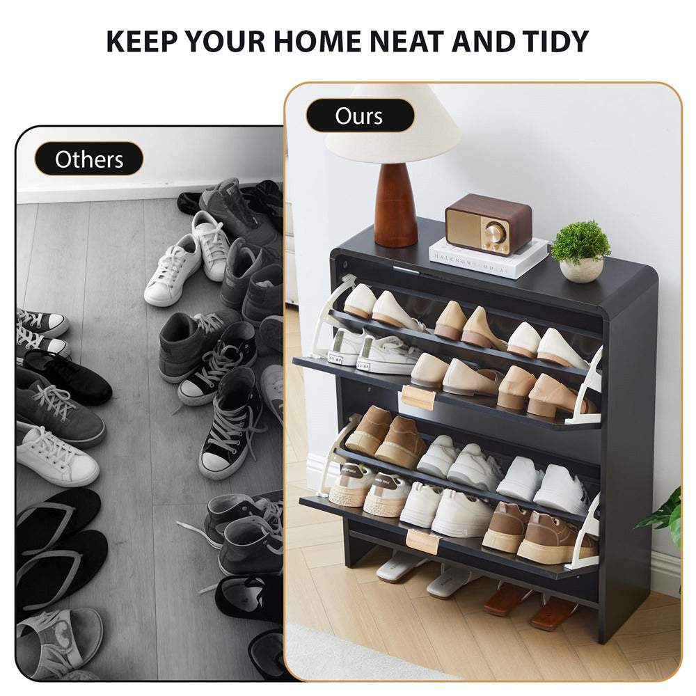 Comparison of messy shoes on the floor versus organized shoes on a shoe rack with text 'Keep your home neat and tidy'.