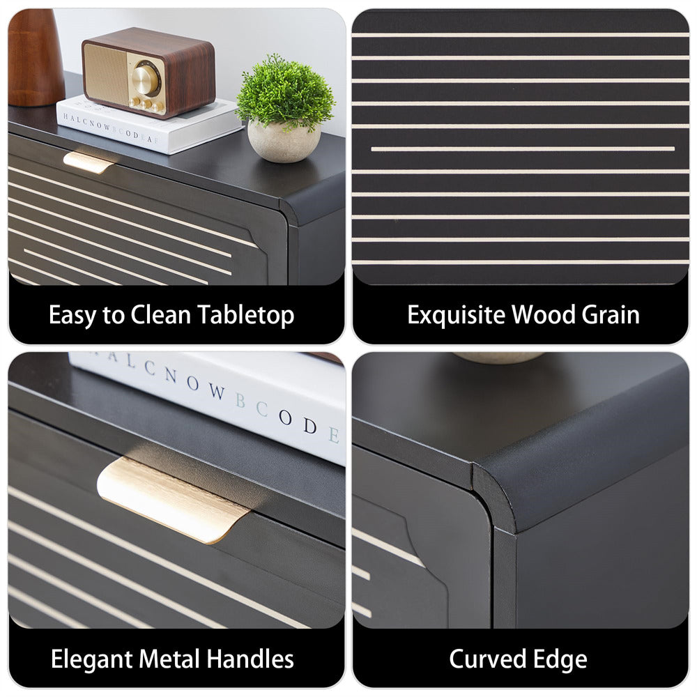 Collage of a dark wood desk with features highlighted, including easy to clean tabletop, exquisite wood grain, elegant metal handles, and curved edge.