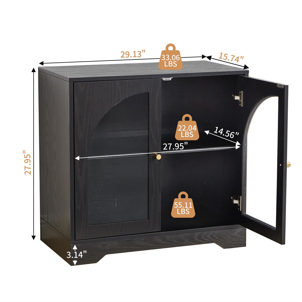 Black cabinet with dimensions and weight indicators on a white background