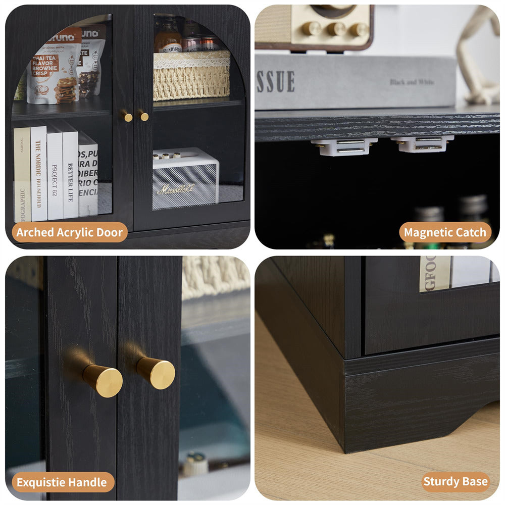 Collage of a black cabinet with features highlighted, including an arched acrylic door, magnetic catch, exquisite handle, and sturdy base.