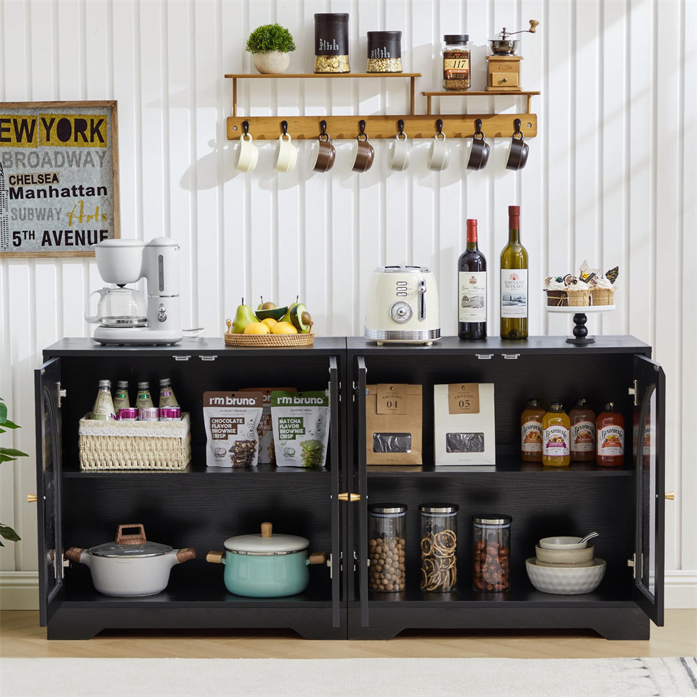 Black kitchen island with various appliances and items in a home setting