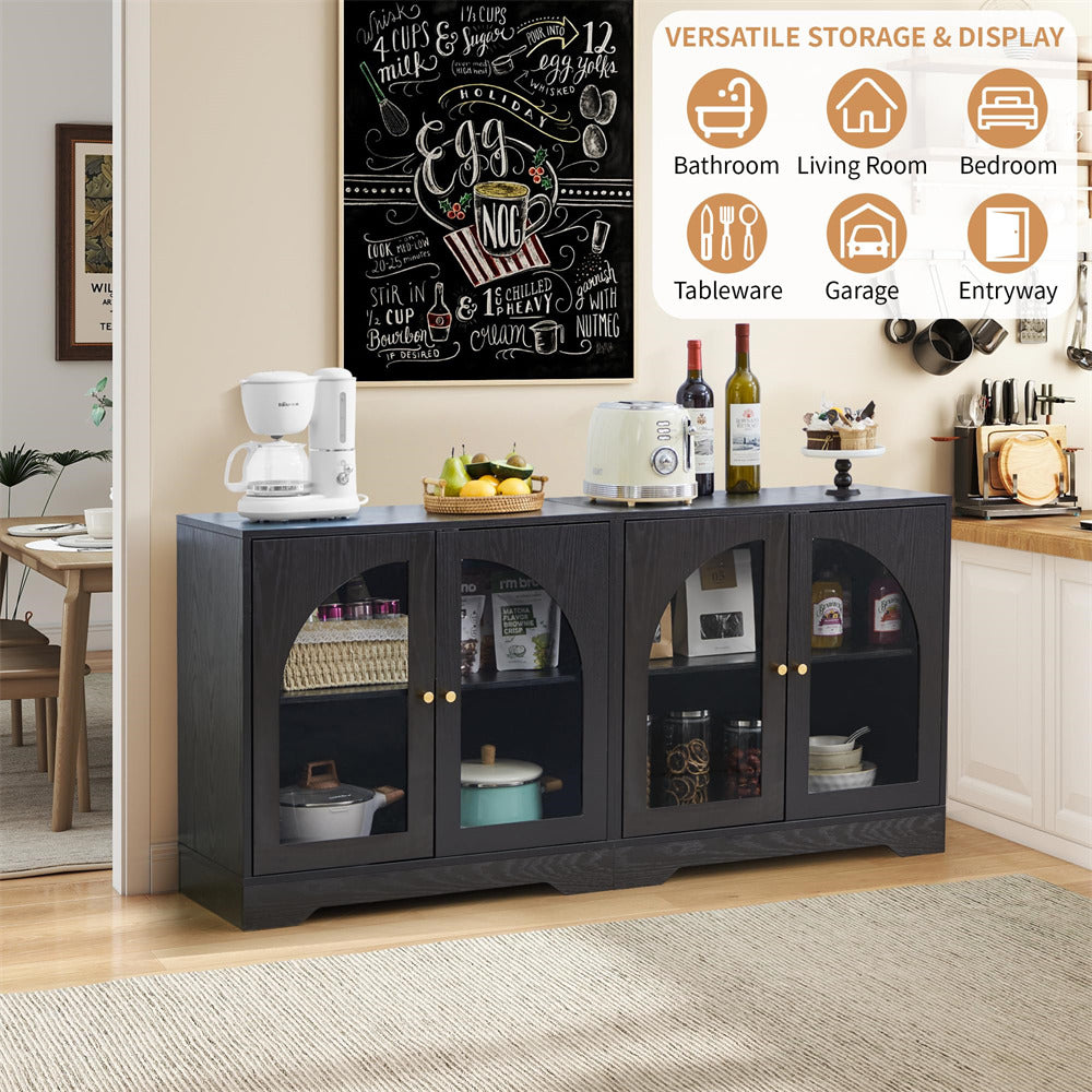 Black storage cabinet with glass doors in a kitchen setting, featuring appliances and decor items.
