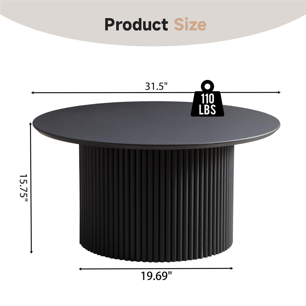 Black round table with measurements and weight capacity on a white background