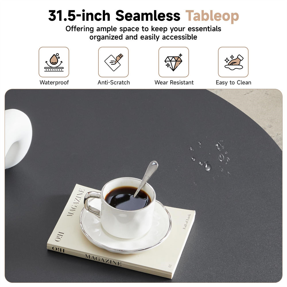 31.5-inch Seamless Tabletop with a cup of coffee and magazine on a dark surface