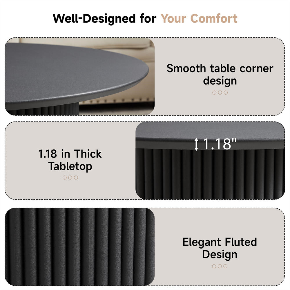 Tabletop design features with text highlighting thickness, corner design, and fluted pattern.