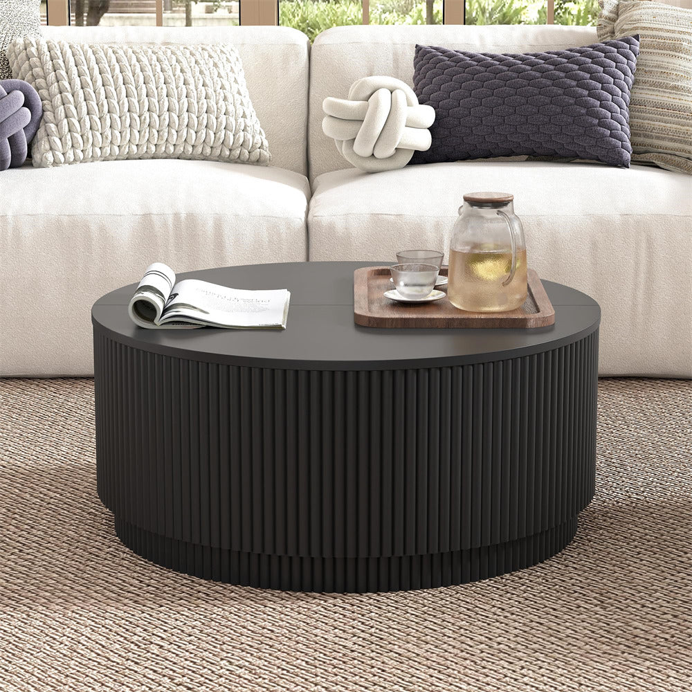 Black 31.5" Mid Century Modern Round Coffee Table with Storage and Fluted Base
