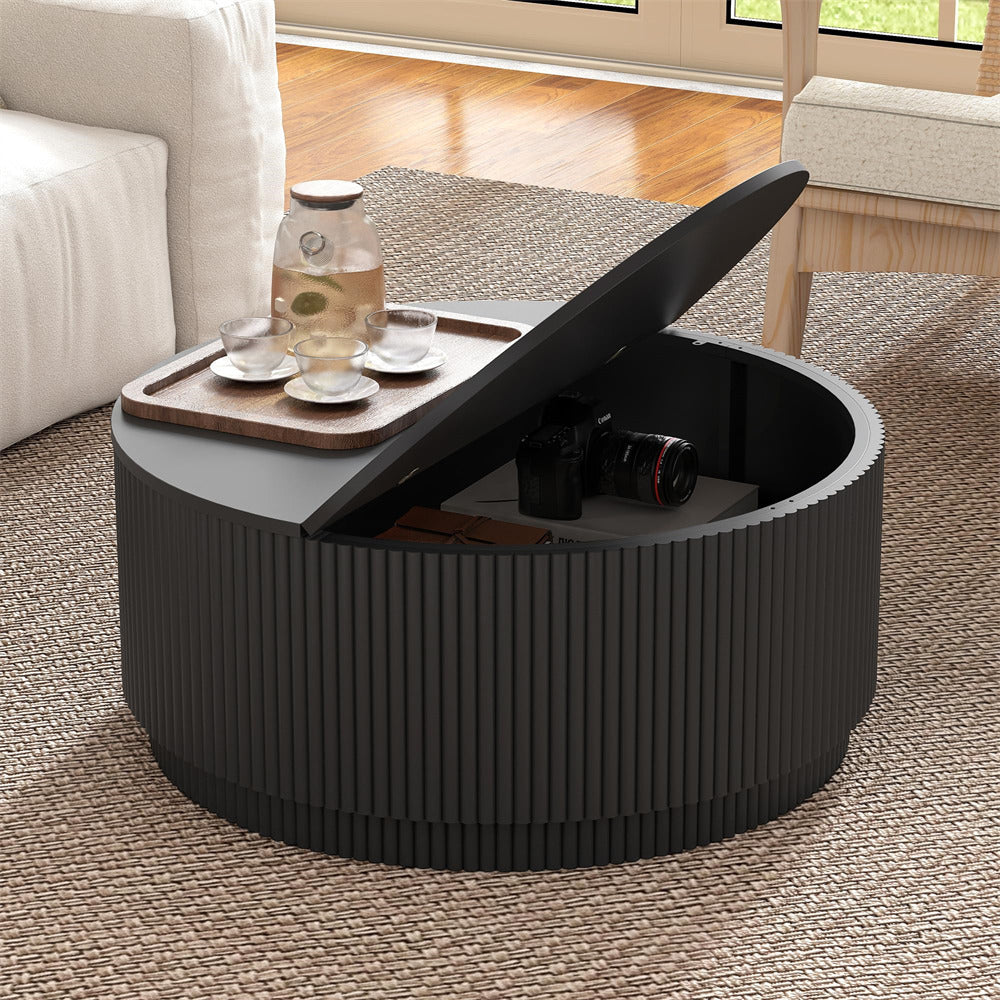 Black 31.5" Mid Century Modern Round Coffee Table with Storage and Fluted Base