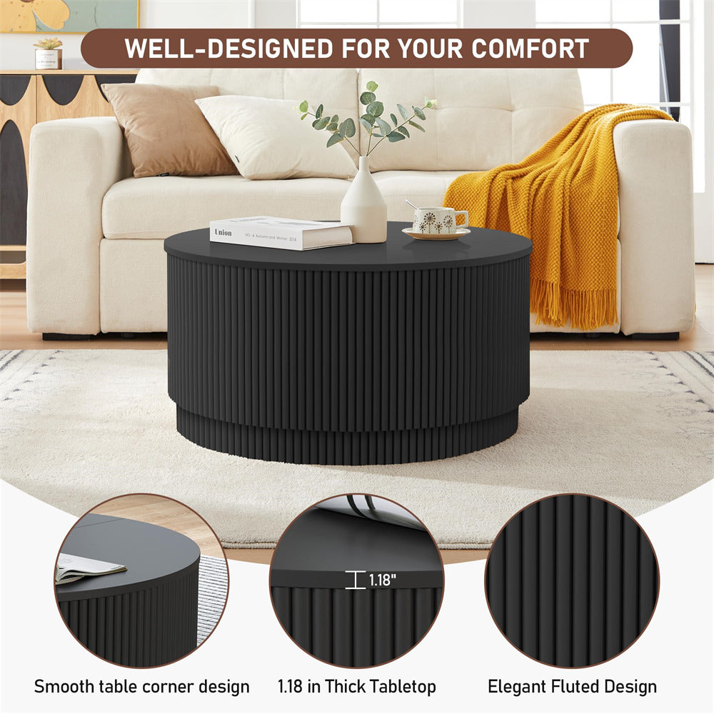 Black 31.5" Mid Century Modern Round Coffee Table with Storage and Fluted Base