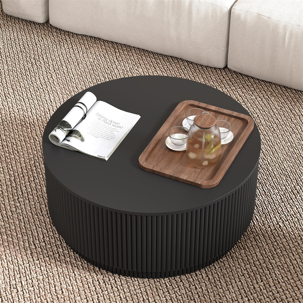 Black 31.5" Mid Century Modern Round Coffee Table with Storage and Fluted Base