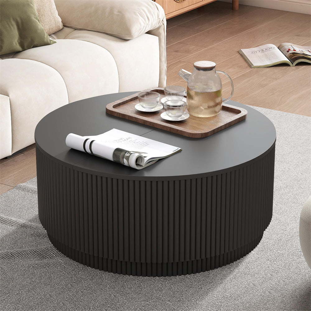 Black 31.5" Mid Century Modern Round Coffee Table with Storage and Fluted Base