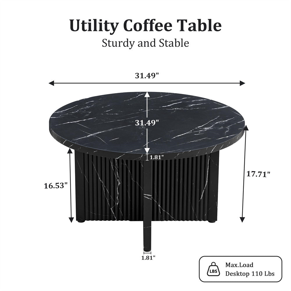 Black marble top coffee table with dimensions and weight capacity on a white background