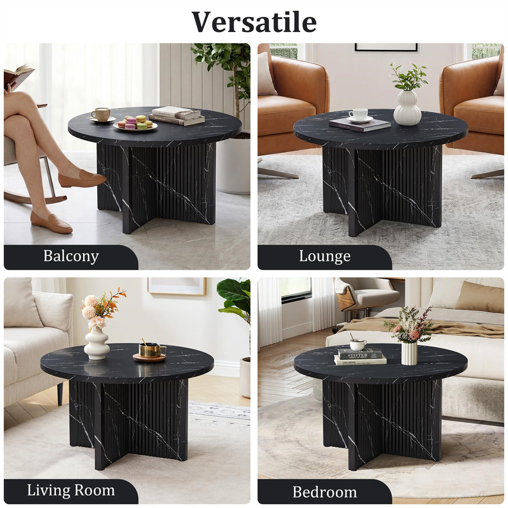 Black marble coffee table shown in various room settings including balcony, lounge, living room, and bedroom.