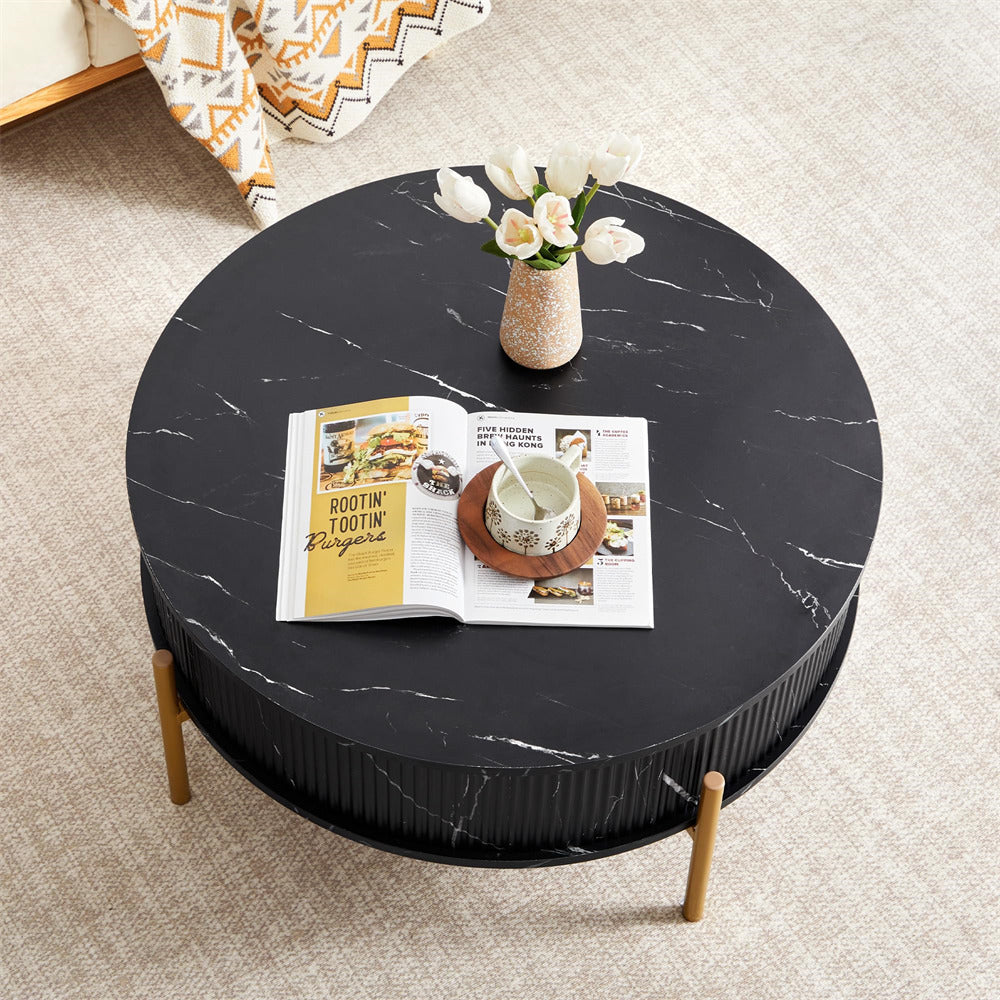 Black 31.5" Round Marble-Look Fluted Lift Top Coffee Table with Hidden Compartment