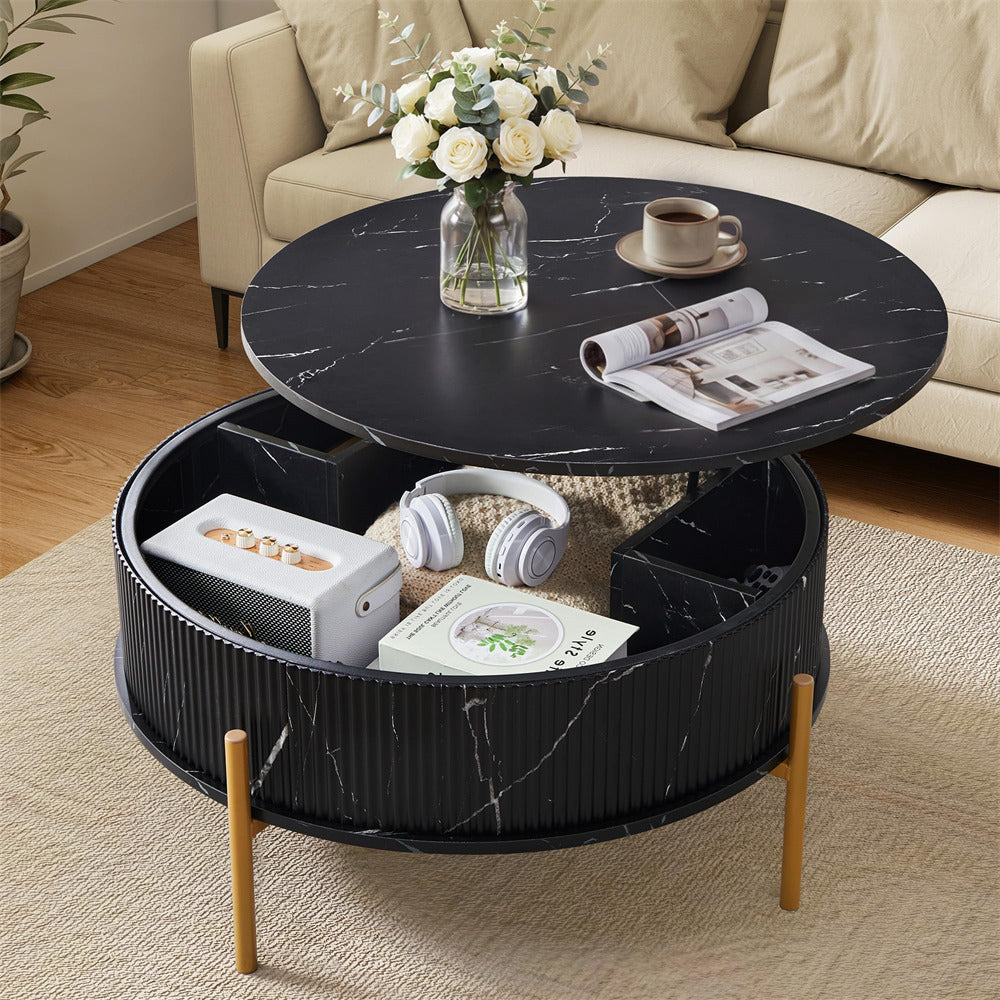Black 31.5" Round Marble-Look Fluted Lift Top Coffee Table with Hidden Compartment