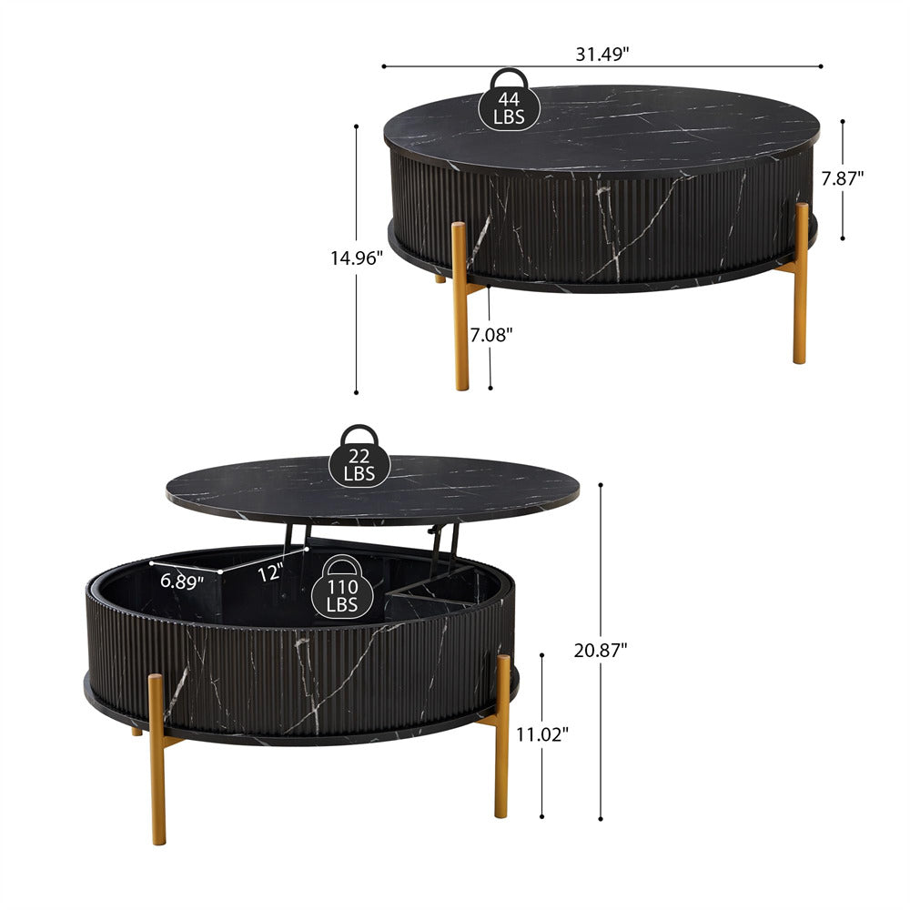 Black 31.5" Round Marble-Look Fluted Lift Top Coffee Table with Hidden Compartment