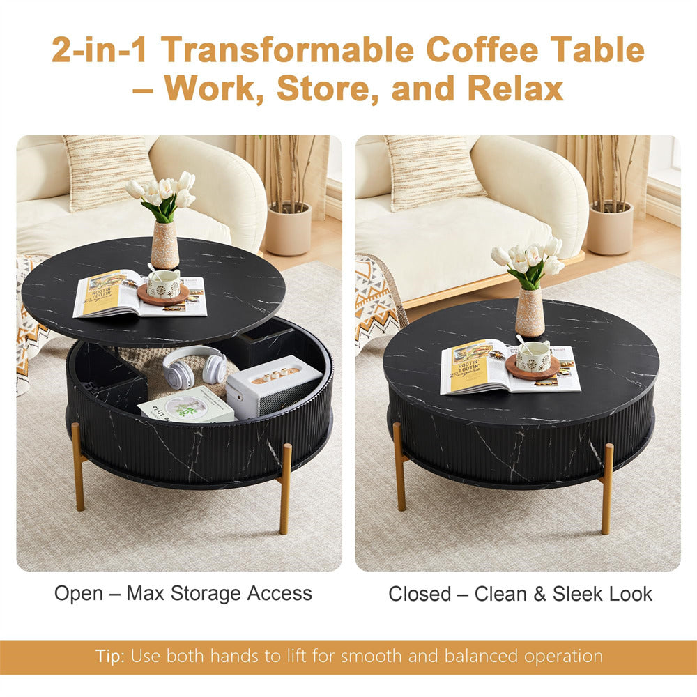 Black 31.5" Round Marble-Look Fluted Lift Top Coffee Table with Hidden Compartment