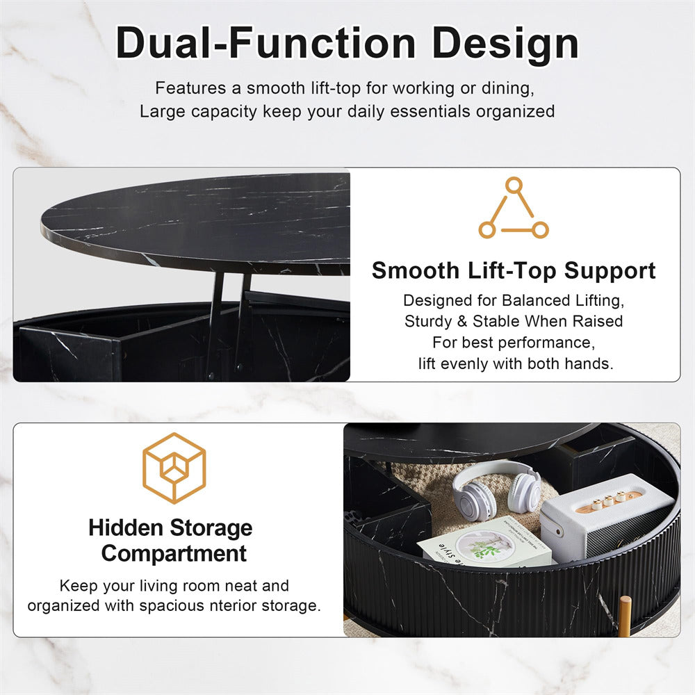 Black 31.5" Round Marble-Look Fluted Lift Top Coffee Table with Hidden Compartment