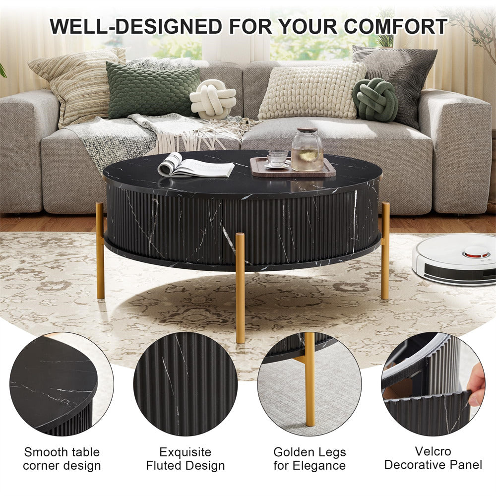 Black 31.5" Round Marble-Look Fluted Lift Top Coffee Table with Hidden Compartment