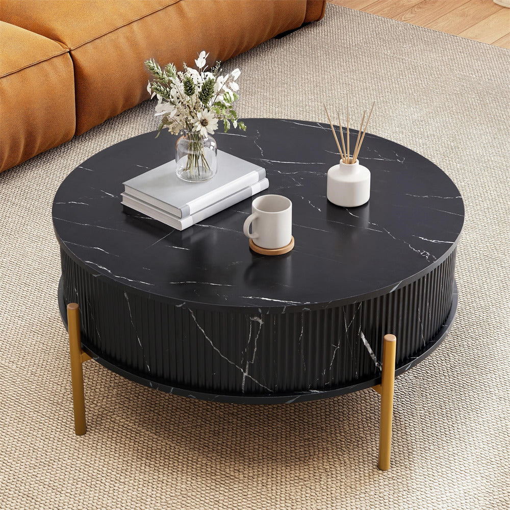 Black 31.5" Round Marble-Look Fluted Lift Top Coffee Table with Hidden Compartment