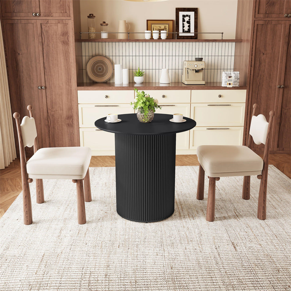 Black 31.5" Round Small Kitchen Dinner Table with Fluted Wood Base