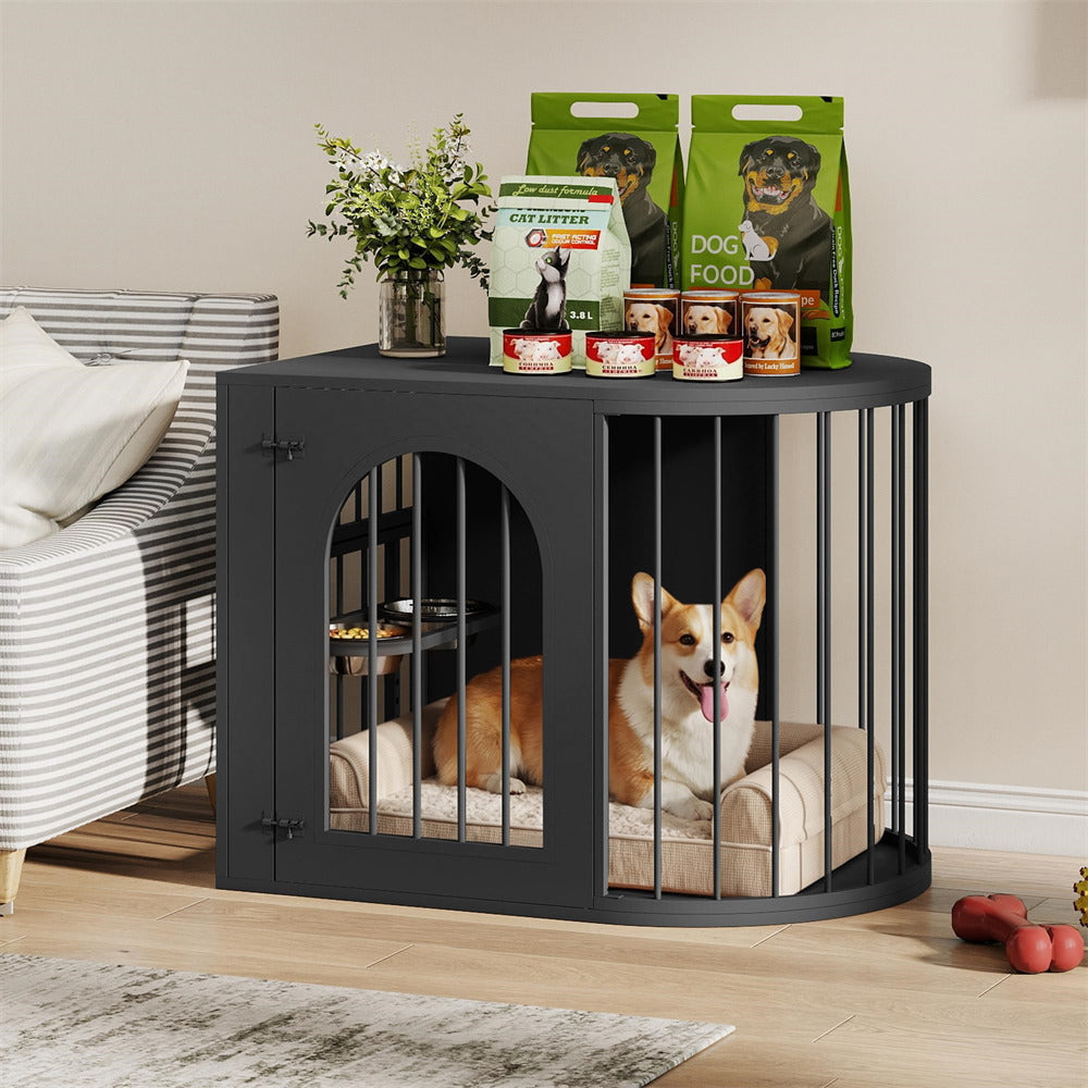 Black 31.5'' Oval Indoor Dog Crate Furniture with Adjustable 360°&Height Dog Bowls Rack for Small/Medium Dogs (Up to 55 lbs)