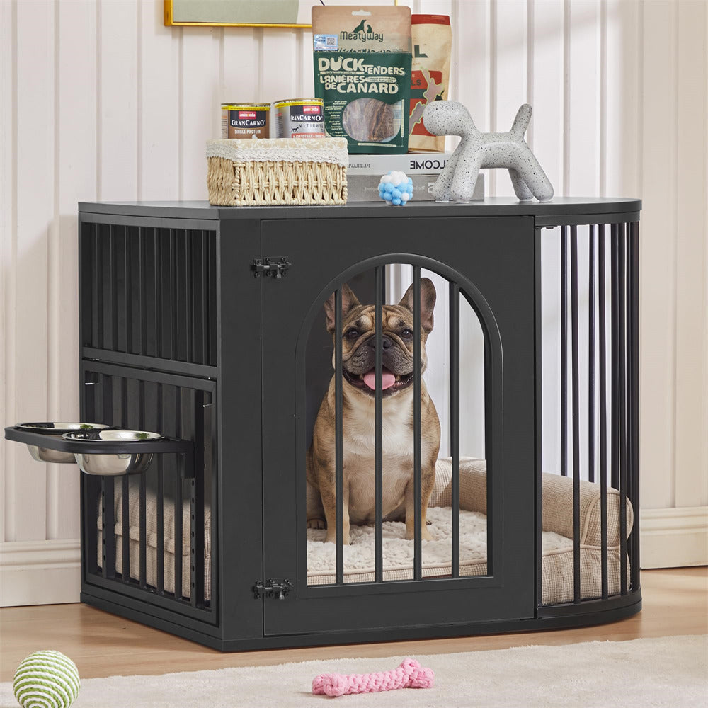 Black 31.5'' Oval Indoor Dog Crate Furniture with Adjustable 360°&Height Dog Bowls Rack for Small/Medium Dogs (Up to 55 lbs)