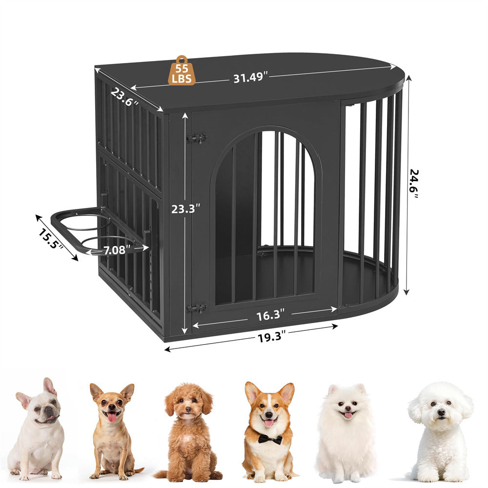 Black 31.5'' Oval Indoor Dog Crate Furniture with Adjustable 360°&Height Dog Bowls Rack for Small/Medium Dogs (Up to 55 lbs)
