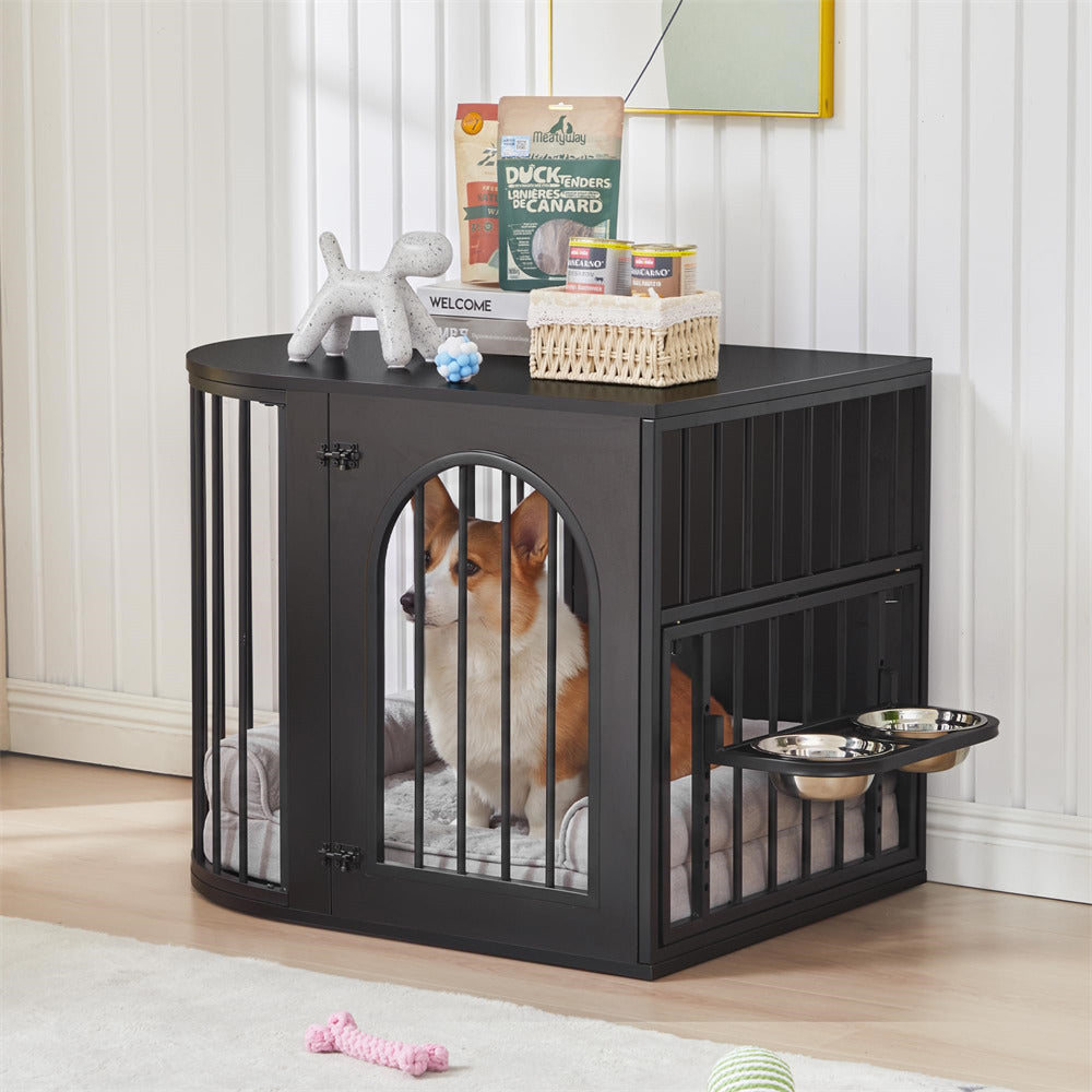 Black 31.5'' Oval Indoor Dog Crate Furniture with Adjustable 360°&Height Dog Bowls Rack for Small/Medium Dogs (Up to 55 lbs)