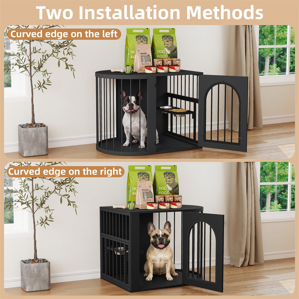 Black 31.5'' Oval Indoor Dog Crate Furniture with Adjustable 360°&Height Dog Bowls Rack for Small/Medium Dogs (Up to 55 lbs)