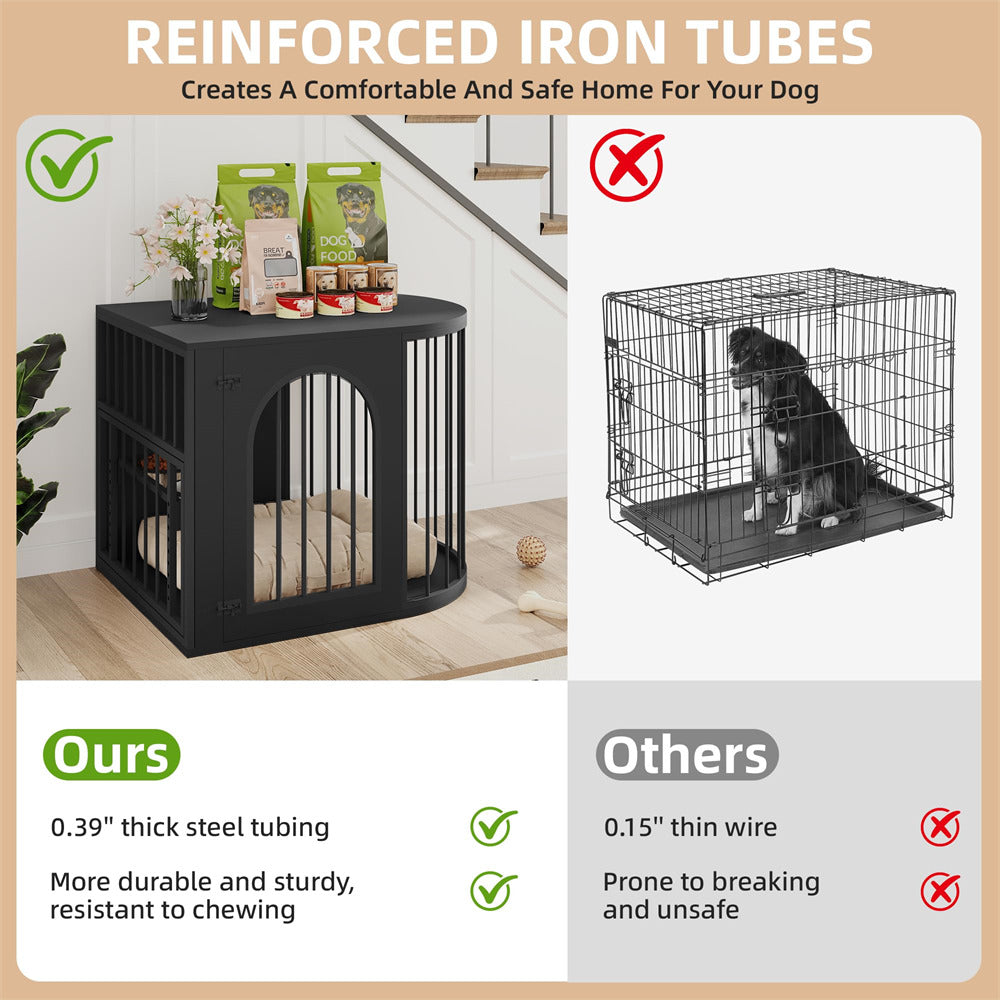Black 31.5'' Oval Indoor Dog Crate Furniture with Adjustable 360°&Height Dog Bowls Rack for Small/Medium Dogs (Up to 55 lbs)