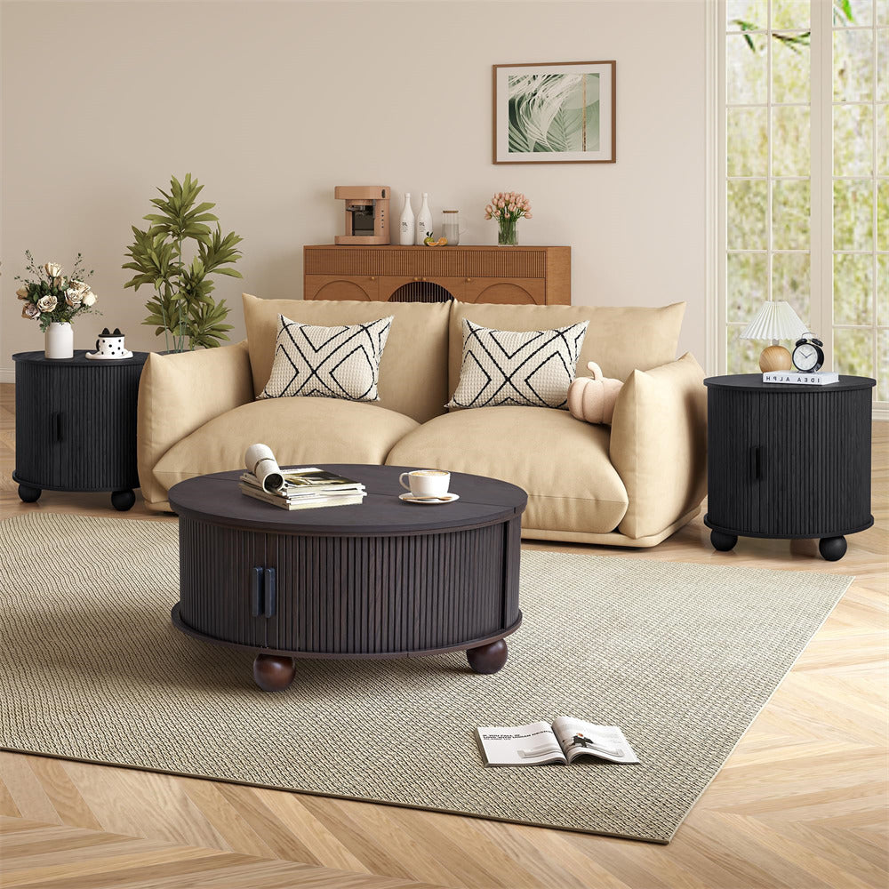 Living room with beige sofa, black coffee table, and side tables.
