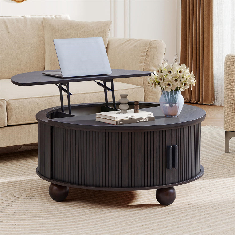 Black 33.5" Farmhouse Wood Round Lift-Top Coffee Table with Sliding Door & Ball Legs