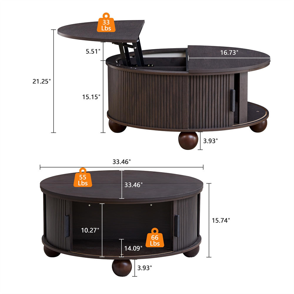 Black 33.5" Farmhouse Wood Round Lift-Top Coffee Table with Sliding Door & Ball Legs