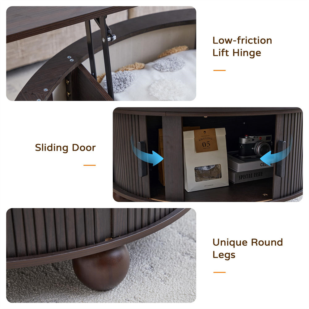Coffee table with low-friction lift hinge, sliding door, and unique round legs on a white background.