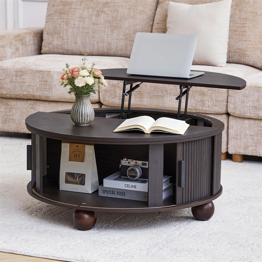 Round coffee table with lift-top feature in a living room setting.