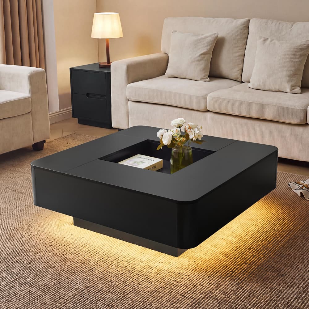 Black 35.4" Modern Square Coffee Table Recessed Hollow Center with RGB LED Lights