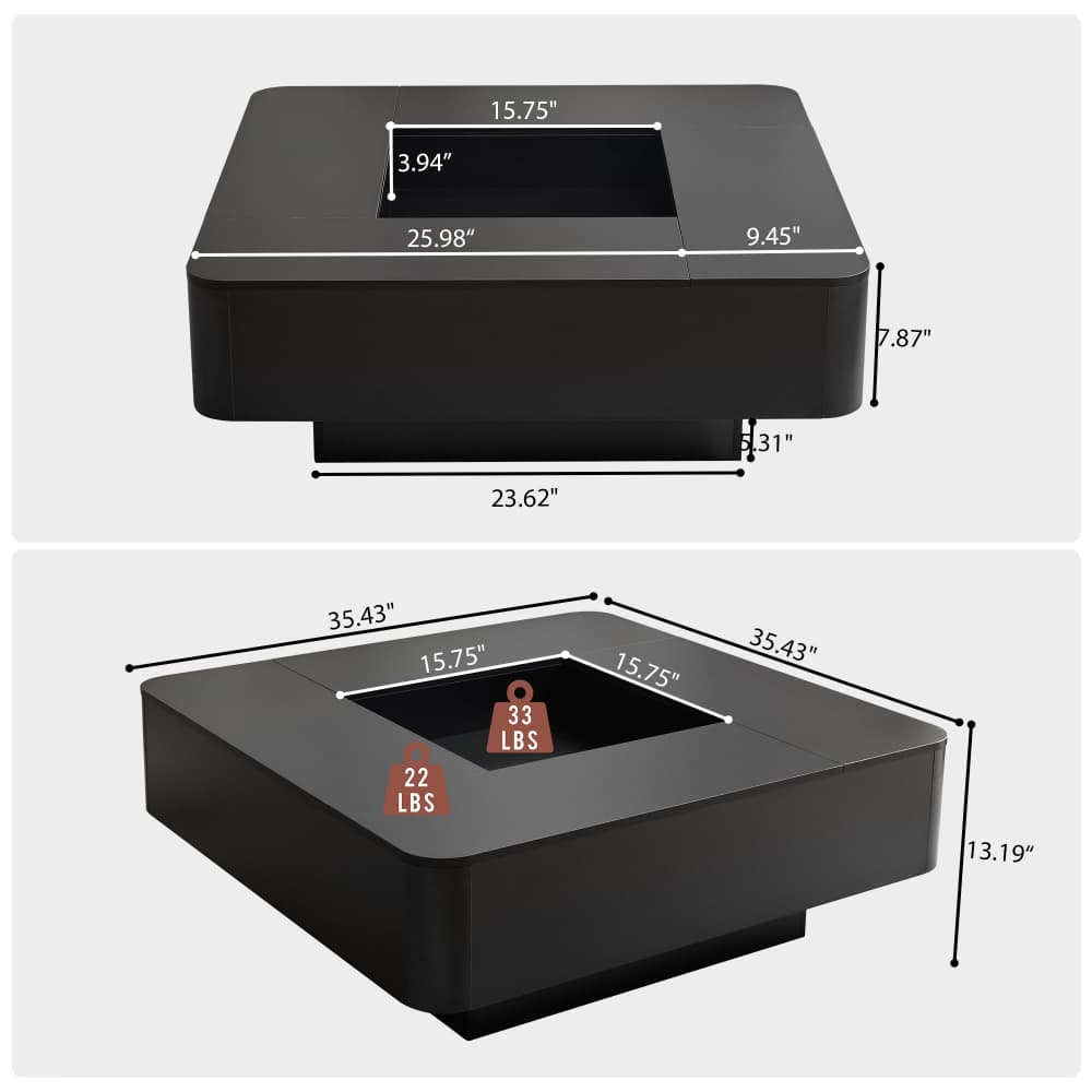Black 35.4" Modern Square Coffee Table Recessed Hollow Center with RGB LED Lights Size