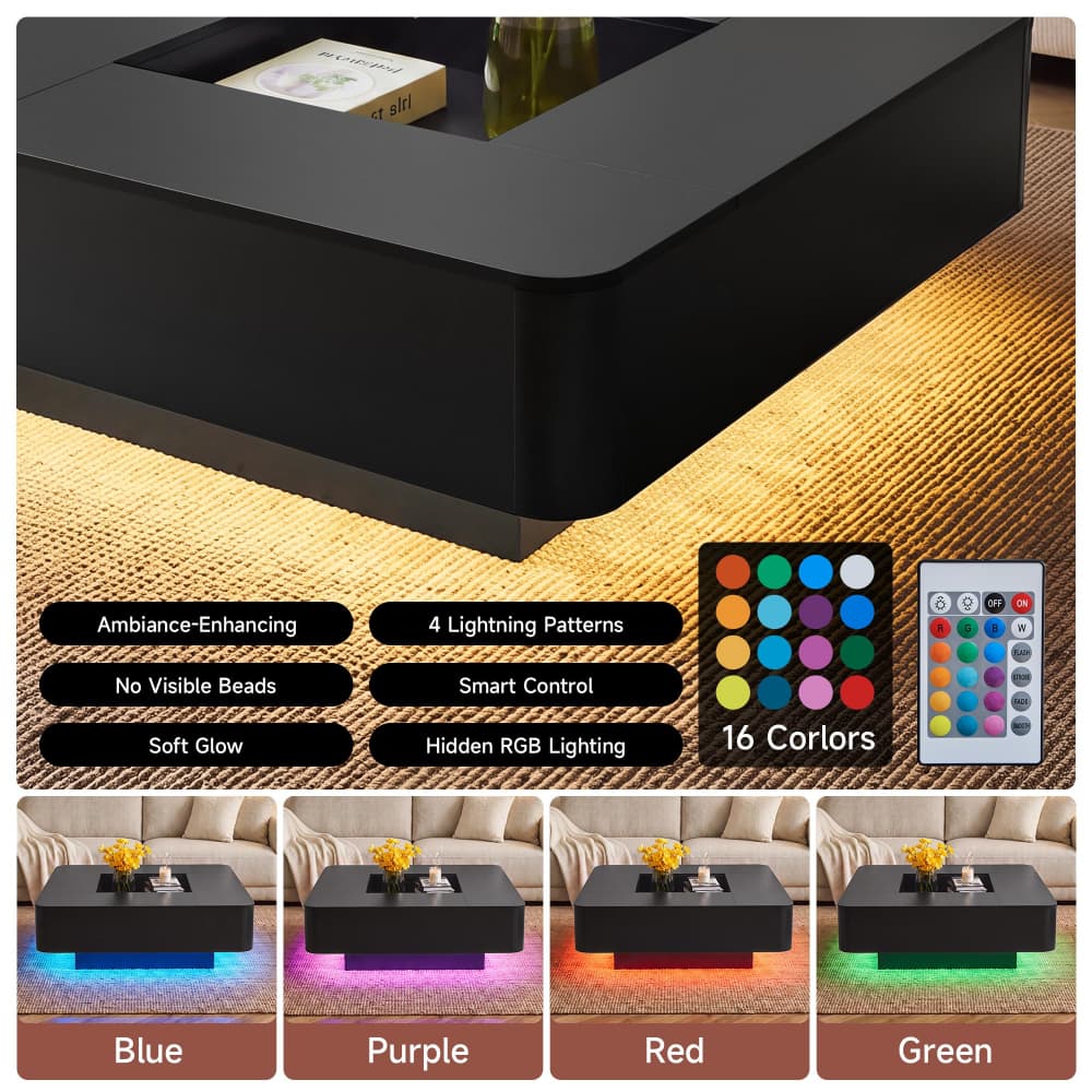 Black 35.4" Modern Square Coffee Table Recessed Hollow Center with RGB LED Lights