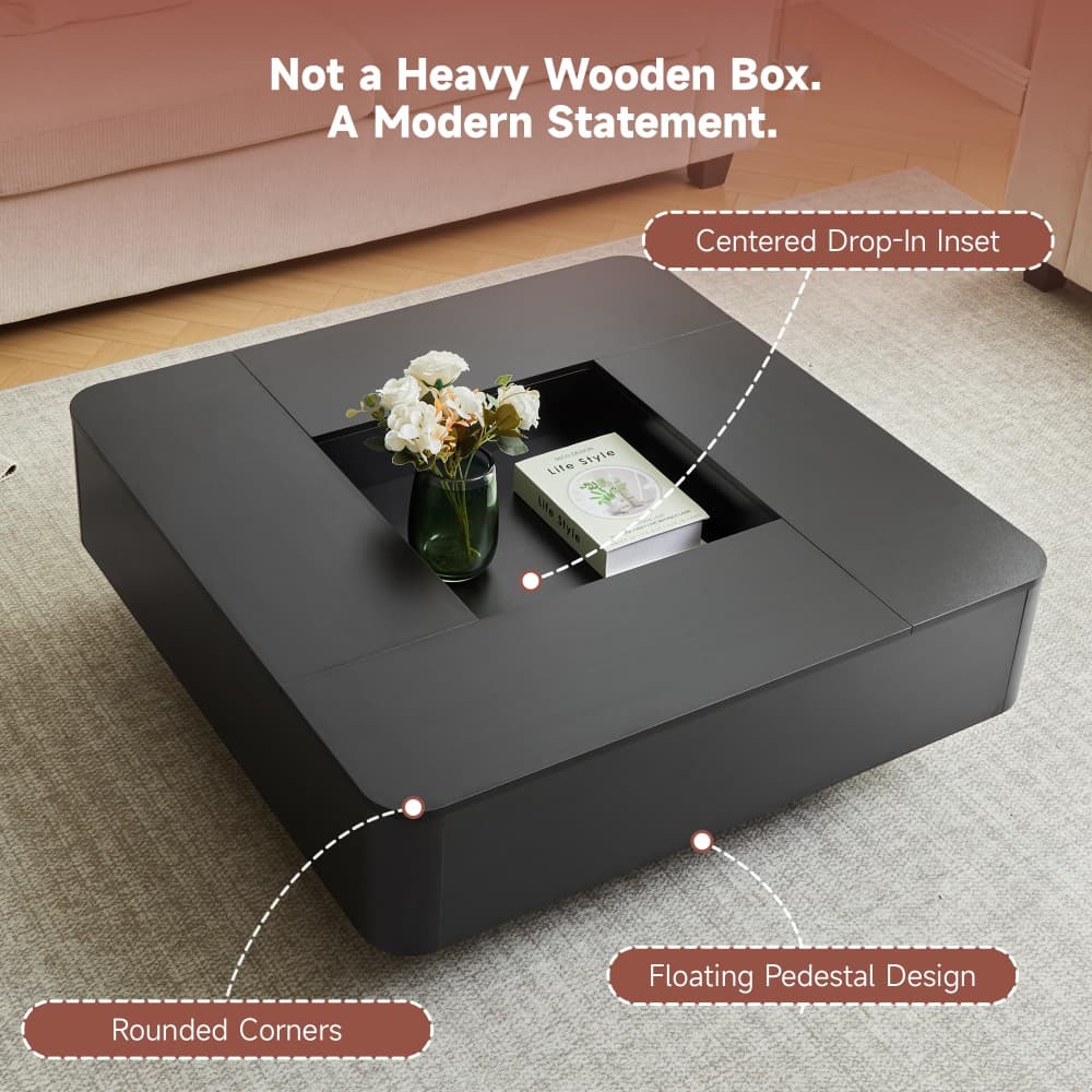 Black 35.4" Modern Square Coffee Table Recessed Hollow Center with RGB LED Lights