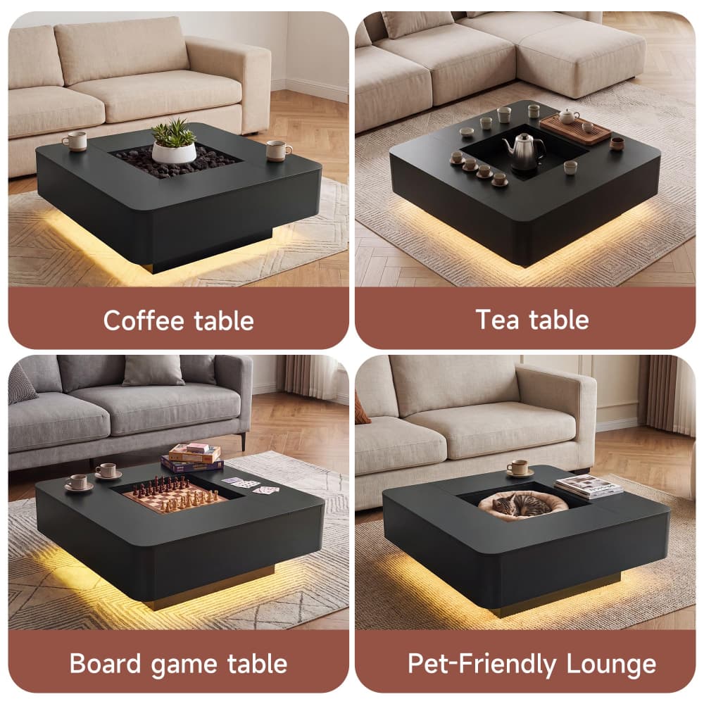 Black 35.4" Modern Square Coffee Table Recessed Hollow Center with RGB LED Lights