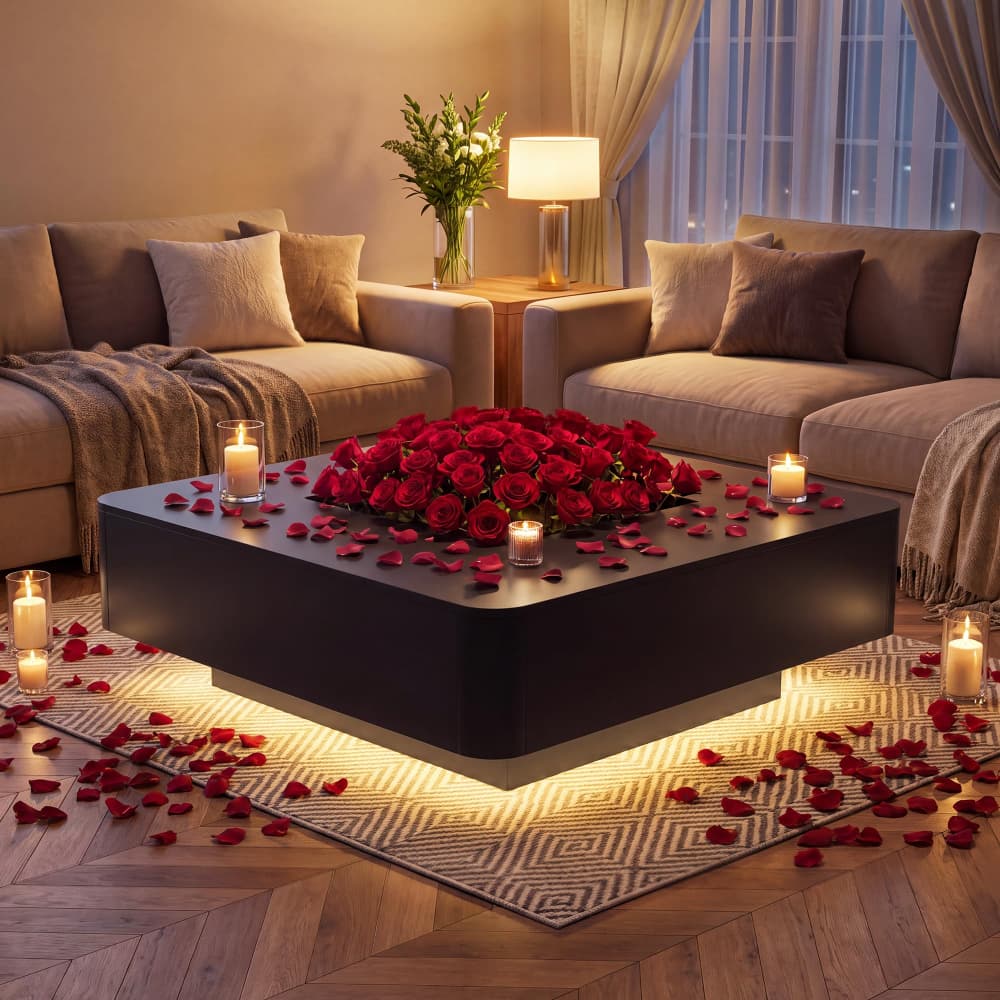 Black 35.4" Modern Square Coffee Table Recessed Hollow Center with RGB LED Lights