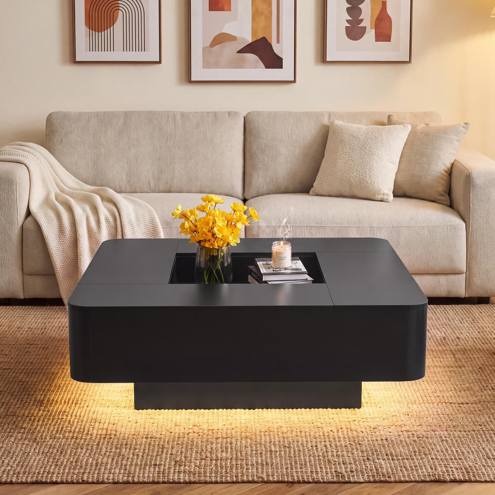 Black 35.4" Modern Square Coffee Table Recessed Hollow Center with RGB LED Lights